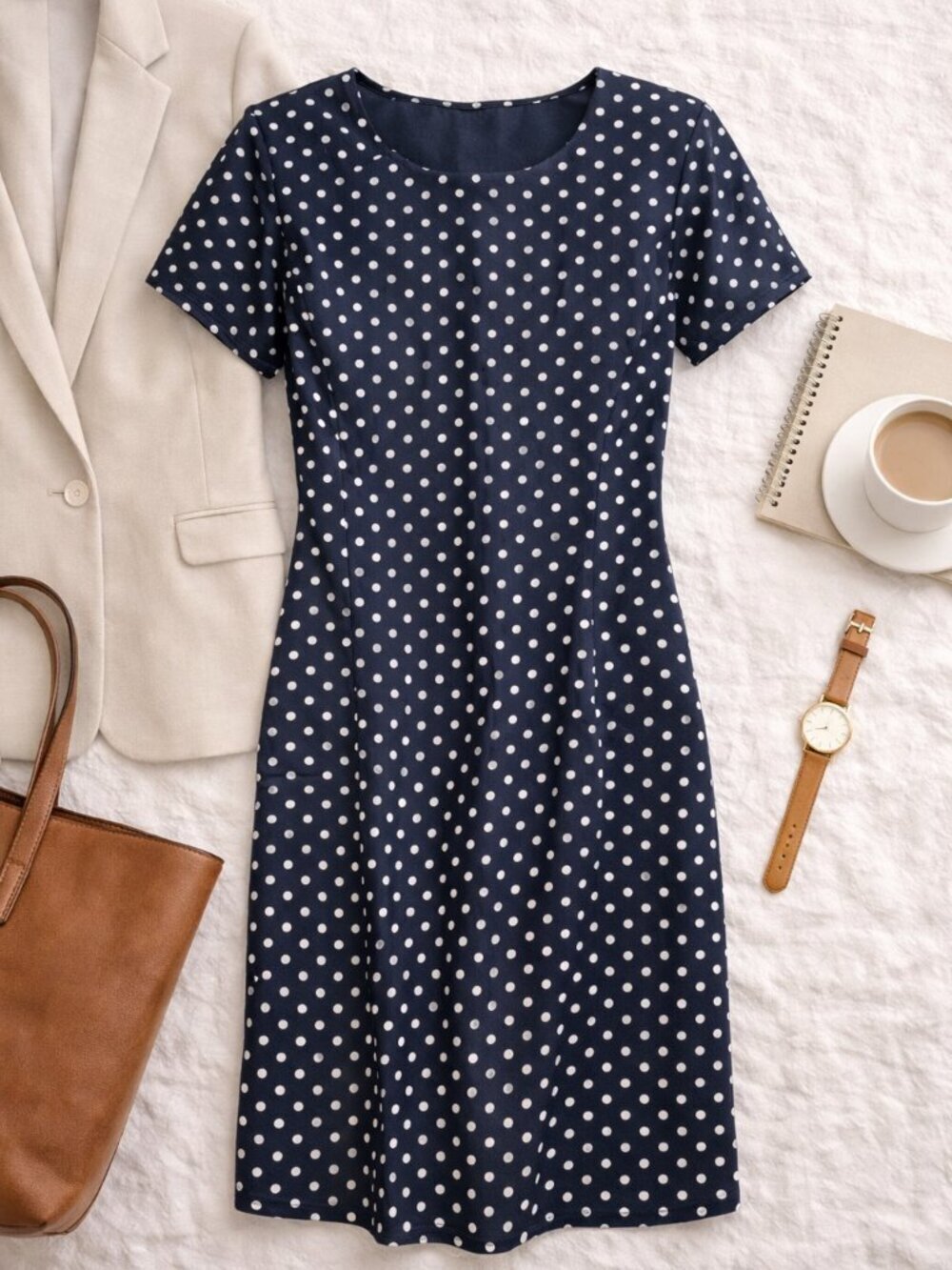 Chadwicks Polka Dot Linen Blend Dress Navy White Short Sleeve Size 12